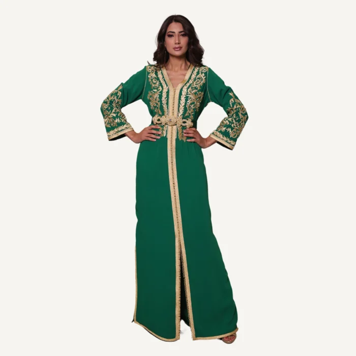 caftan marocain Basma vert royal décoré de broderies luxueuses