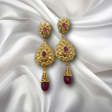 Bijoux marocains traditionnels – Boucles d’Oreilles Lune en rouge rubis et or jaune