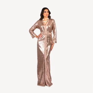 Caftan Dahab bronze avec paillettes scintillantes, confectionné à la main, parfait pour mariages et événements prestigieux.