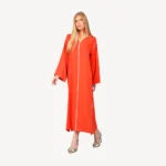 Djellaba Ghala Mautassin orange vibrant, en crêpe léger avec détails en berchman raffiné, une tenue élégante et festive.