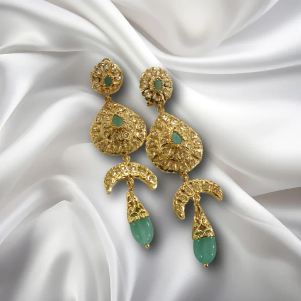 Boucles d’Oreilles Vertes Fès en argent rhodié plaqué or jaune et pierre verte